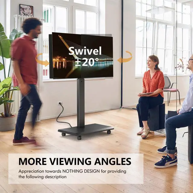 Alt view image 4 of 7 - Rolling TV Stand with Power Outlet - Mobile TV Stand for 32-75 Inch TVs, Landscape to Portrait Rotating, ±20° Swiveling, Height Adjustable TV Cart Hold Up to 88 Lbs Max VESA 400x600mm