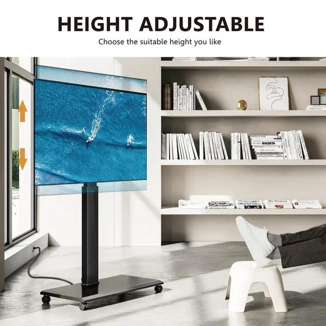 Alt view image 5 of 7 - Rolling TV Stand with Power Outlet - Mobile TV Stand for 32-75 Inch TVs, Landscape to Portrait Rotating, ±20° Swiveling, Height Adjustable TV Cart Hold Up to 88 Lbs Max VESA 400x600mm
