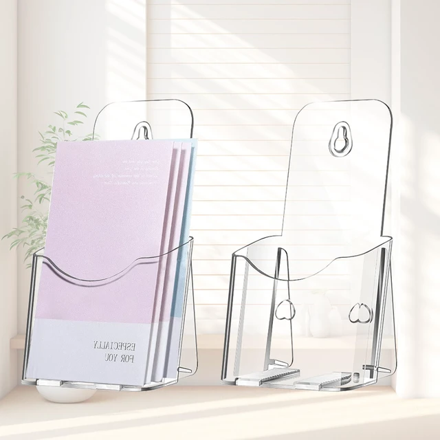 Alt view image 4 of 7 - 20 Pcs Acrylic Brochure Holder 4x7.9 Inch Brochure Display Stand Clear Literature Holder with Hanging Hole, Desktop Storage for Brochure, Magazine, Map, Booklets, Leaflet, transparent