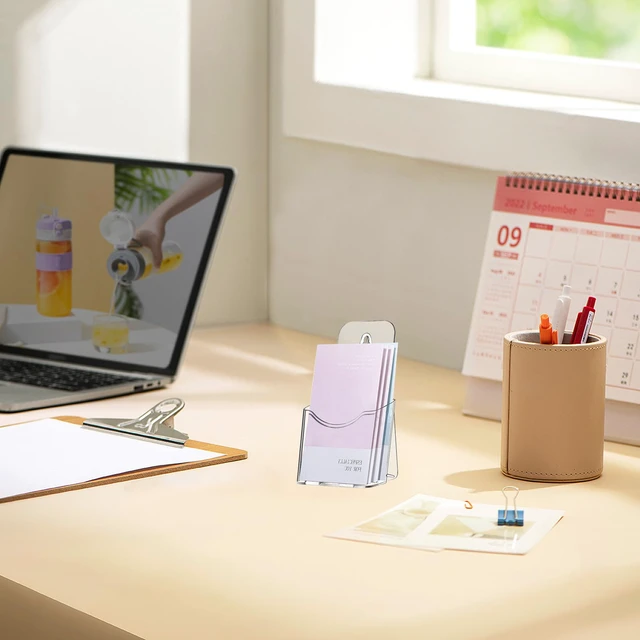 Alt view image 5 of 7 - 20 Pcs Acrylic Brochure Holder 4x7.9 Inch Brochure Display Stand Clear Literature Holder with Hanging Hole, Desktop Storage for Brochure, Magazine, Map, Booklets, Leaflet, transparent