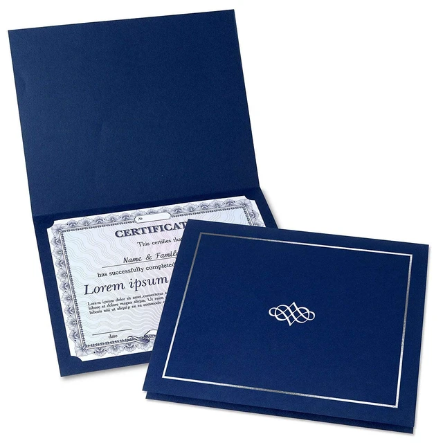 Main image of Ornate Blue & Silver Certificate Folders - Pack of 50, Linen Cover 80 lb. Stock, Folded, Die-Cut Corners, for Office, Business Awards, Graduation, School Diploma Holder, 9-1/2" x 12"