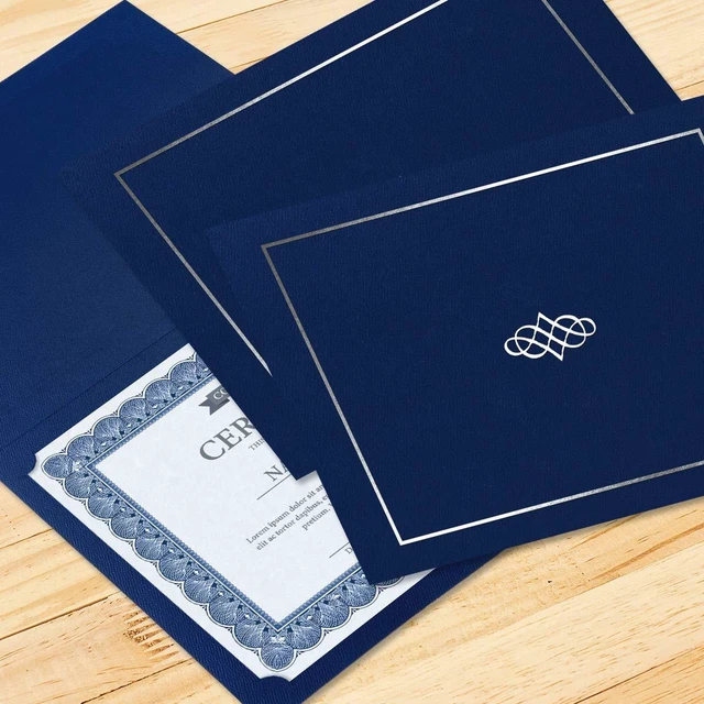 Alt view image 7 of 7 - Ornate Blue & Silver Certificate Folders - Pack of 50, Linen Cover 80 lb. Stock, Folded, Die-Cut Corners, for Office, Business Awards, Graduation, School Diploma Holder, 9-1/2" x 12"