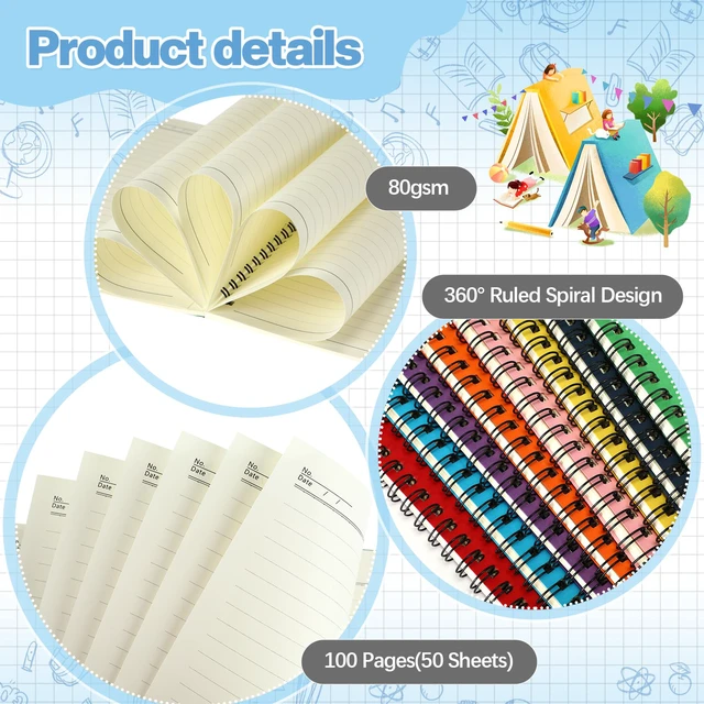 Alt view image 4 of 6 - 60 Pack Spiral Notebooks Bulk, Wide Ruled 50 Sheets, 8.5 x 5.5 Inch Small Multi Subject Spiral Notebook for School, 100 Pages, Multicolor Journals for Classroom, Note Taking, Students, Teachers