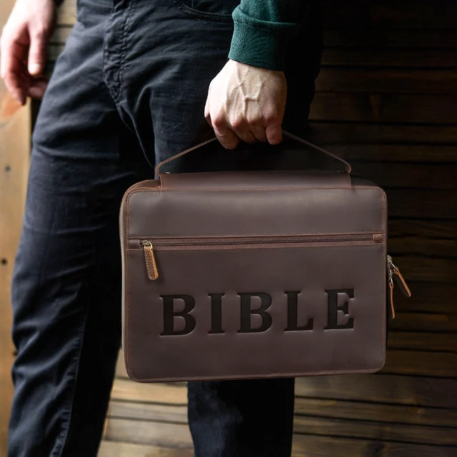 Alt view image 2 of 7 - Cowhide Leather Bible Cover Church Bag Book Protective Case Holder Thick Full Grain Leather, Durable Handle, YKK Zipper Pocket, Christian Gift for Men and Women