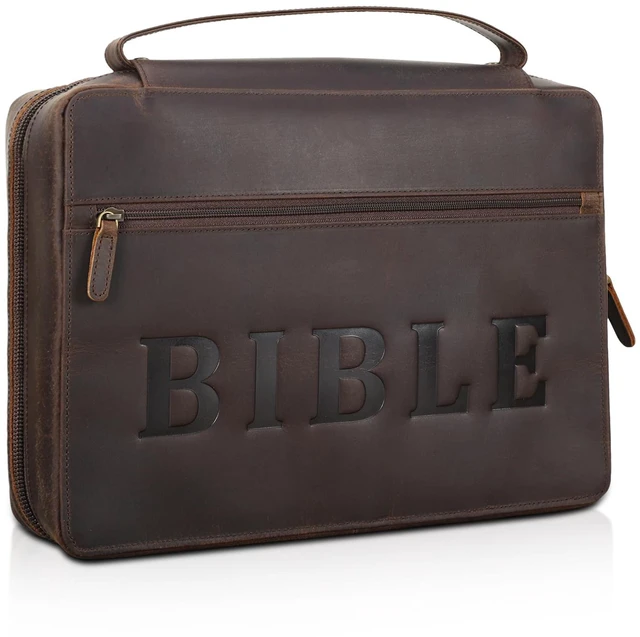Main image of Cowhide Leather Bible Cover Church Bag Book Protective Case Holder Thick Full Grain Leather, Durable Handle, YKK Zipper Pocket, Christian Gift for Men and Women