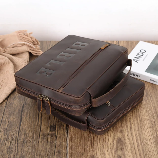 Alt view image 3 of 7 - Cowhide Leather Bible Cover Church Bag Book Protective Case Holder Thick Full Grain Leather, Durable Handle, YKK Zipper Pocket, Christian Gift for Men and Women