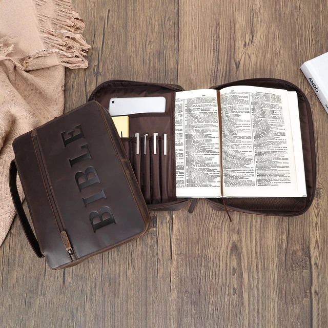 Alt view image 7 of 7 - Cowhide Leather Bible Cover Church Bag Book Protective Case Holder Thick Full Grain Leather, Durable Handle, YKK Zipper Pocket, Christian Gift for Men and Women