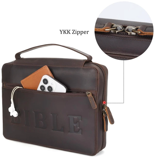 Alt view image 6 of 7 - Cowhide Leather Bible Cover Church Bag Book Protective Case Holder Thick Full Grain Leather, Durable Handle, YKK Zipper Pocket, Christian Gift for Men and Women