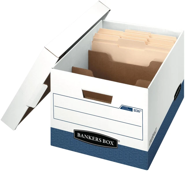 Main image of 12 Pack R-Kive DIVIDERBOX Heavy-Duty File Storage Boxes with Dividers, FastFold, Lift-Off Lid, Letter, White/Blue