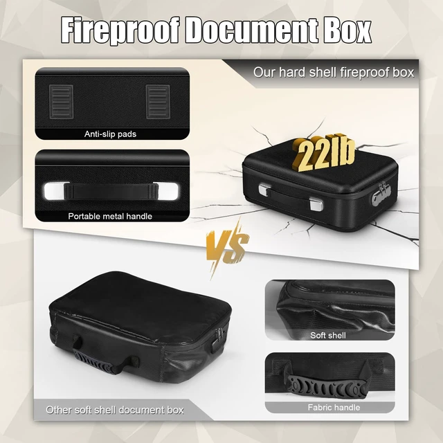 Alt view image 5 of 7 - Fireproof Document Box, 15" x 11" x 5", Black Hard Shell Document Organizer, with Lock, Fireproof & Water-Resistant, Portable Documents Safe Box, fits Home and Office