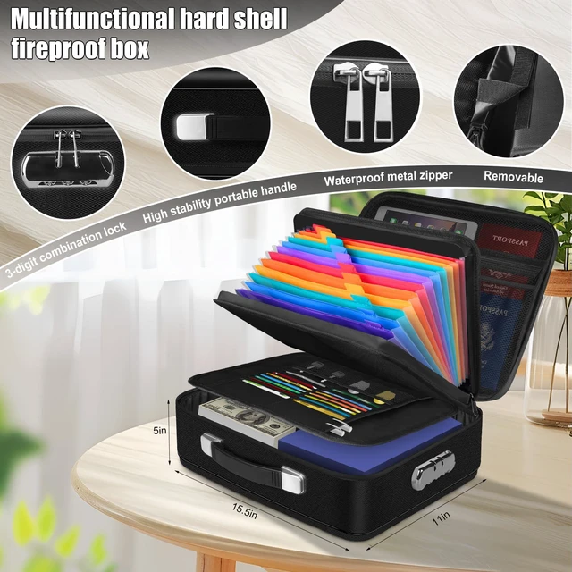 Alt view image 4 of 7 - Fireproof Document Box, 15" x 11" x 5", Black Hard Shell Document Organizer, with Lock, Fireproof & Water-Resistant, Portable Documents Safe Box, fits Home and Office
