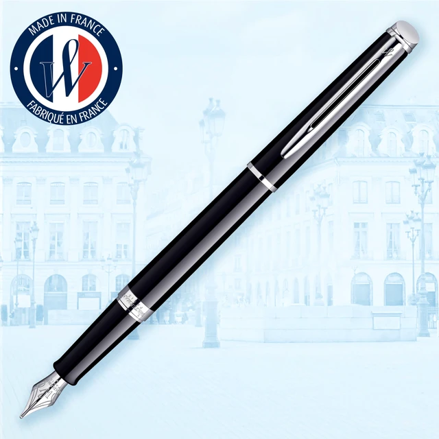Alt view image 2 of 7 - Hémisphère Fountain Pen, Gloss Black with Chrome Trim, Medium Nib with Black Ink Cartridge, Gift Box