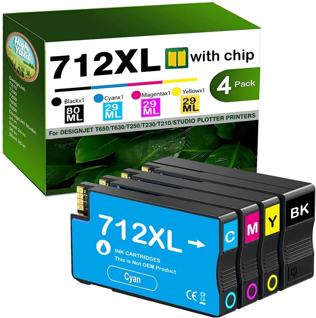 Main image of 712XL 712 XL Ink High Yield Compatible for HP 712 Ink Cartridges Combo Pack Replacement for HP DesignJet T210 Ink T230 T250 T630 T650 Studio Plotter Printer (1 Black,1 Cyan,1 Magenta,1 Yellow, 4Pack)