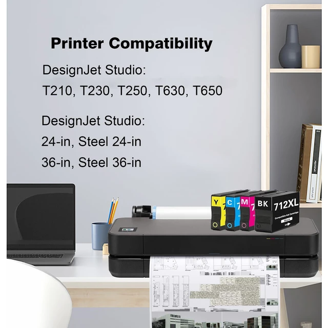 Alt view image 2 of 6 - 712XL 712 XL Ink High Yield Compatible for HP 712 Ink Cartridges Combo Pack Replacement for HP DesignJet T210 Ink T230 T250 T630 T650 Studio Plotter Printer (1 Black,1 Cyan,1 Magenta,1 Yellow, 4Pack)