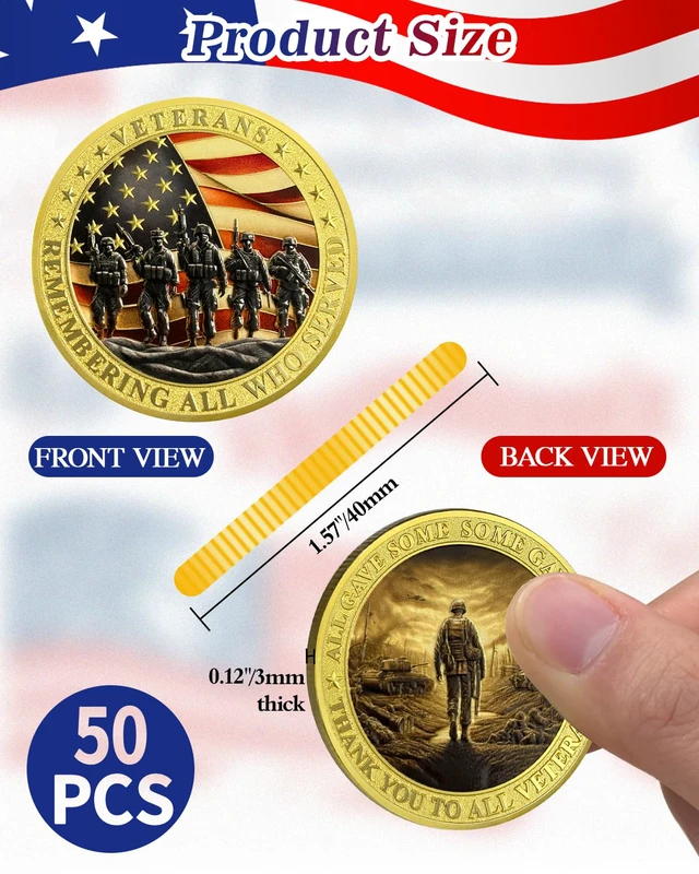 Alt view image 3 of 7 - 50 Pack Military Challenge Coins, Thank You to All Veterans Thank You for Your Service Coin, Veterans Day Gifts Bulk, Military Appreciation Gifts, Tribute to Service & Sacrifice