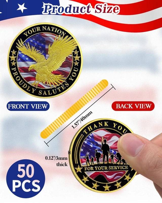 Alt view image 3 of 7 - 50 Pack Military Challenge Coins, Veteran Thank You Coin Thank You for Your Service, Veterans Day Gifts Bulk, Military Appreciation Tribute, Service Member Recognition, Unit Events