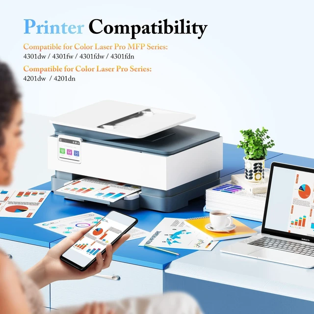 Alt view image 2 of 7 - 210A 210X Toner Cartridges 4 Pack Replacement for HP 210A (with Chip) 210X W2100A W2100X Compatible with HP Color LaserJet Pro MFP 4301fdw 4301fdn Pro 4201dw 4201dn Series Printer (BCYM)