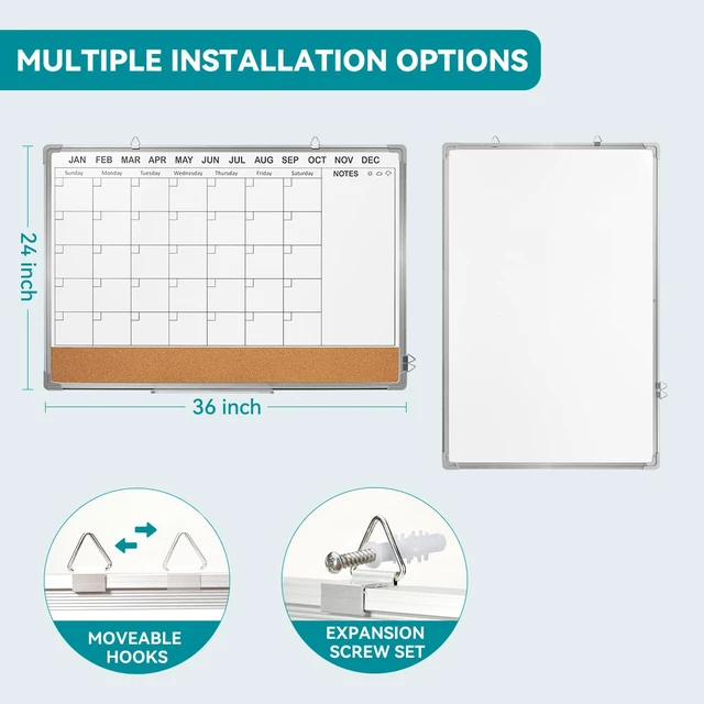 Alt view image 2 of 7 - Calendar Whiteboard for Wall,36" x 24" White Board Calendar Dry Erase with Silver Aluminum Frame,Double Side Wall Hanging Board for Office,Home,Kitchen