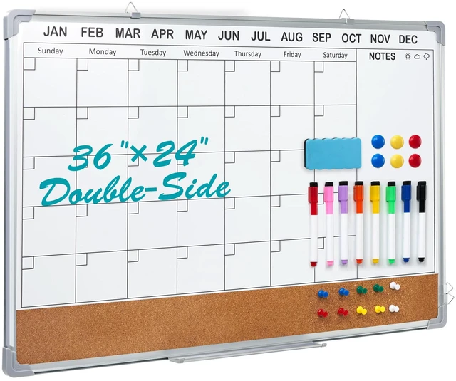 Main image of Calendar Whiteboard for Wall,36" x 24" White Board Calendar Dry Erase with Silver Aluminum Frame,Double Side Wall Hanging Board for Office,Home,Kitchen