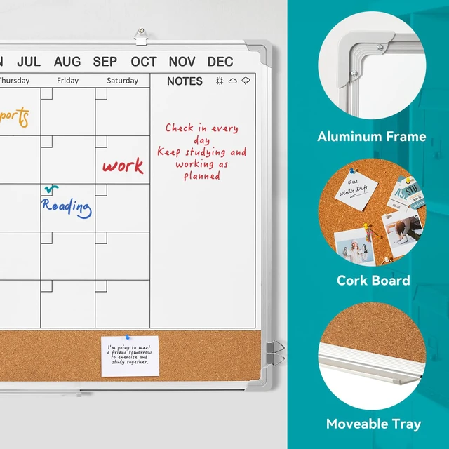 Alt view image 4 of 7 - Calendar Whiteboard for Wall,36" x 24" White Board Calendar Dry Erase with Silver Aluminum Frame,Double Side Wall Hanging Board for Office,Home,Kitchen