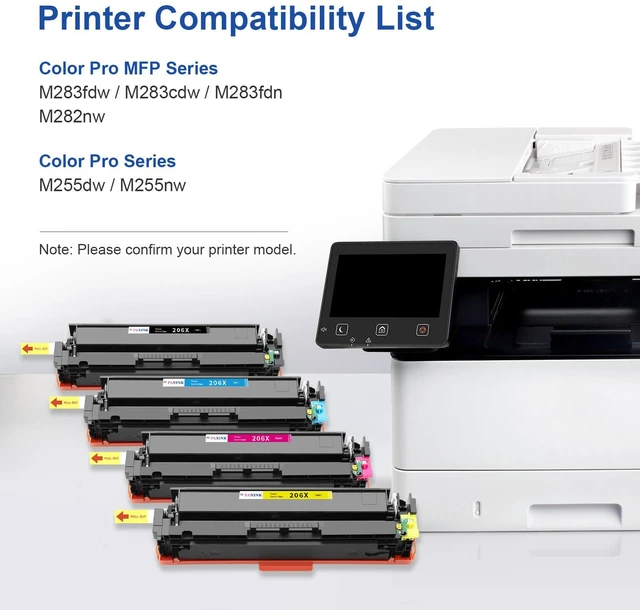 Alt view image 2 of 7 - Compatible 206X Toner Cartridges 4 Pack High Yield Replacement for HP 206A 206X Toner Cartridge Set W2110X W2110A for HP Color Pro MFP M283fdw M283cdw M283 Pro M255 M255dw Printer (with Chip)