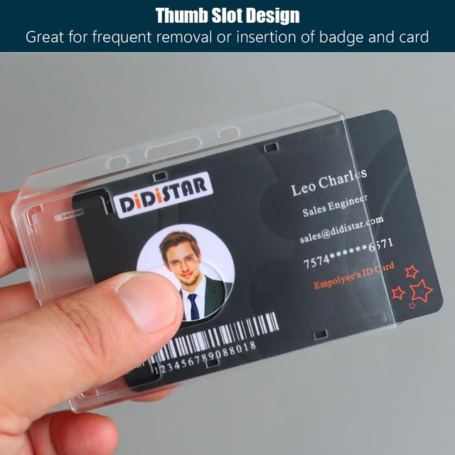Alt view image 3 of 7 - Bulk 50 Pack Horizontal Hard Plastic Badge Holder, Frosted Clear Heavy Duty PC, Easy Thumb Access, Slot Holes, Rigid Case Single ID Protector Card Holder for Lanyards, Clips, Reels & Badges