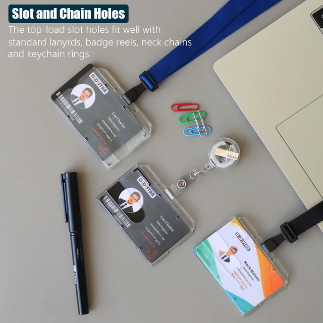 Alt view image 5 of 7 - Bulk 50 Pack Horizontal Hard Plastic Badge Holder, Frosted Clear Heavy Duty PC, Easy Thumb Access, Slot Holes, Rigid Case Single ID Protector Card Holder for Lanyards, Clips, Reels & Badges
