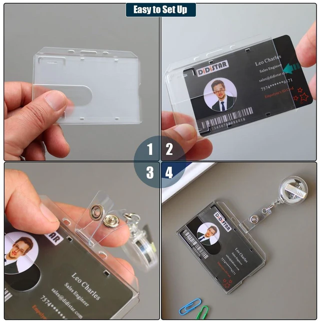 Alt view image 6 of 7 - Bulk 50 Pack Horizontal Hard Plastic Badge Holder, Frosted Clear Heavy Duty PC, Easy Thumb Access, Slot Holes, Rigid Case Single ID Protector Card Holder for Lanyards, Clips, Reels & Badges