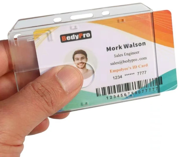 Main image of Horizontal Hard Plastic Badge Holder, 50 Pack, Frosted Clear Heavy Duty, Thumb Slot, Easy Access, Slot Chain Holes, Rigid Case Single ID Protector for Lanyards, Clips & Reels