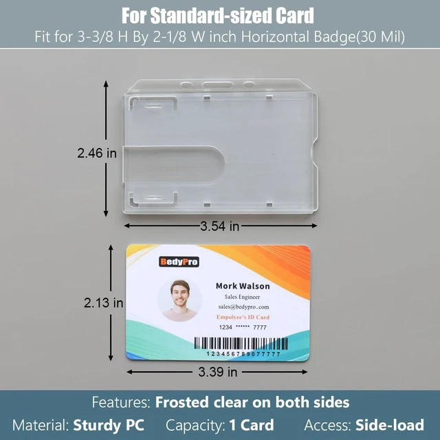 Alt view image 2 of 7 - Horizontal Hard Plastic Badge Holder, 50 Pack, Frosted Clear Heavy Duty, Thumb Slot, Easy Access, Slot Chain Holes, Rigid Case Single ID Protector for Lanyards, Clips & Reels