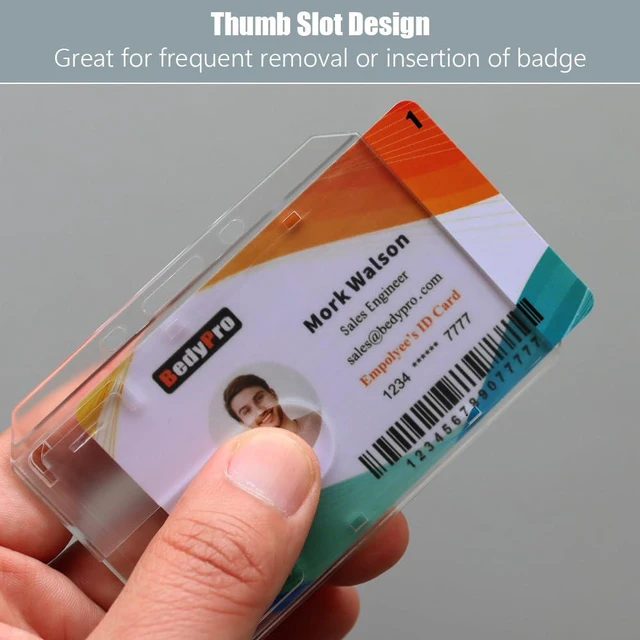 Alt view image 3 of 7 - Horizontal Hard Plastic Badge Holder, 50 Pack, Frosted Clear Heavy Duty, Thumb Slot, Easy Access, Slot Chain Holes, Rigid Case Single ID Protector for Lanyards, Clips & Reels
