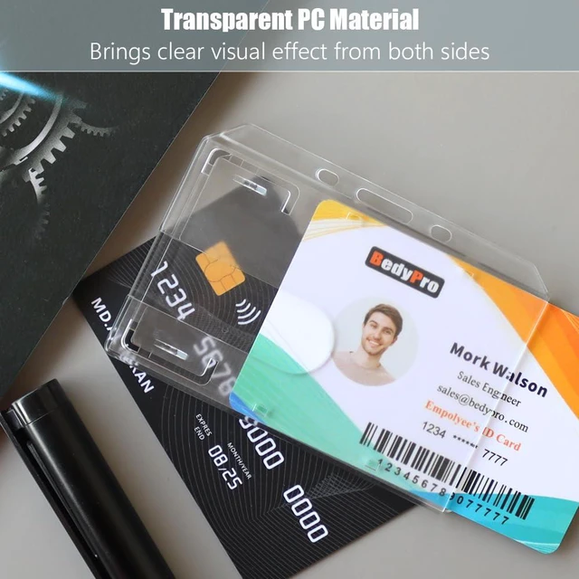 Alt view image 4 of 7 - Horizontal Hard Plastic Badge Holder, 50 Pack, Frosted Clear Heavy Duty, Thumb Slot, Easy Access, Slot Chain Holes, Rigid Case Single ID Protector for Lanyards, Clips & Reels