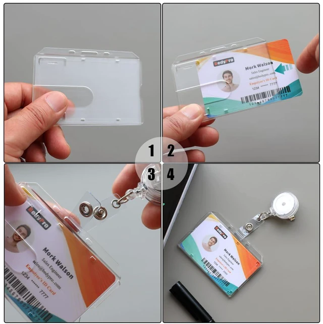 Alt view image 6 of 7 - Horizontal Hard Plastic Badge Holder, 50 Pack, Frosted Clear Heavy Duty, Thumb Slot, Easy Access, Slot Chain Holes, Rigid Case Single ID Protector for Lanyards, Clips & Reels