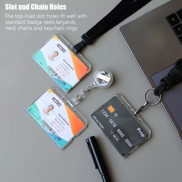 Alt view image 7 of 7 - Horizontal Hard Plastic Badge Holder, 50 Pack, Frosted Clear Heavy Duty, Thumb Slot, Easy Access, Slot Chain Holes, Rigid Case Single ID Protector for Lanyards, Clips & Reels