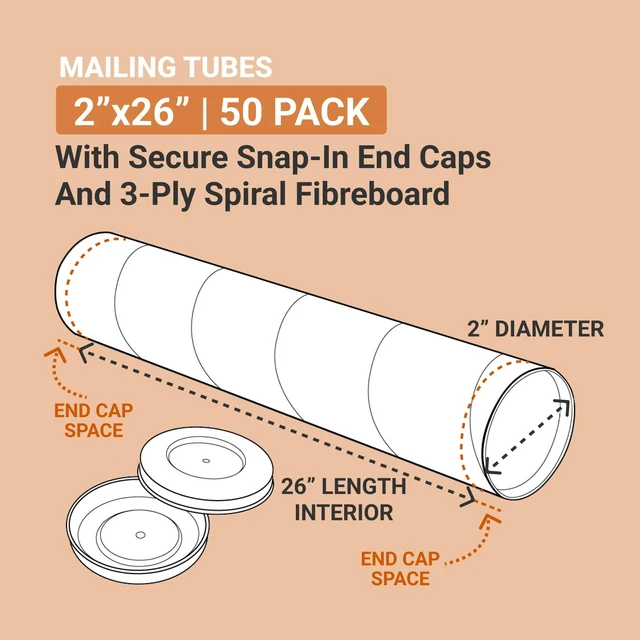 Alt view image 2 of 4 - Cardboard Tubes with Caps 26x2x2, 50-Pack Cardboard Tubes with Caps 26"L x 2"W x 2"H for Posters, Blueprints, Artwork & Storage, 50-Pack