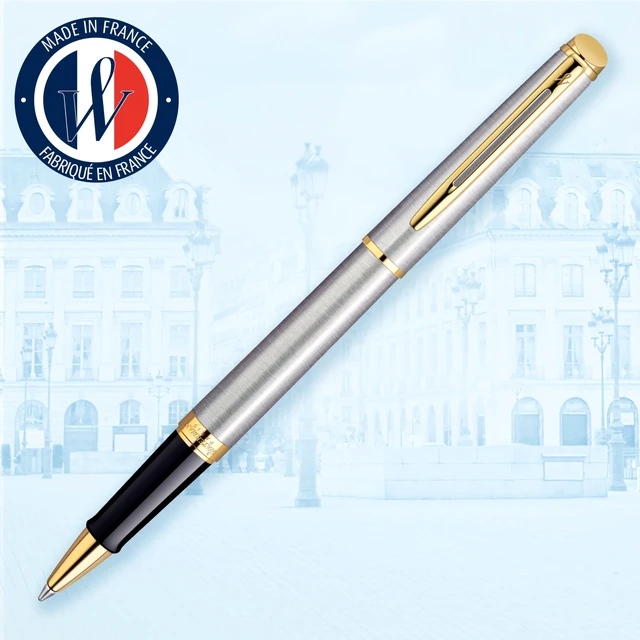 Alt view image 2 of 7 - Hemisphere Rollerball Pen, Stainless Steel with 23k Gold Trim, Fine Point with Black Ink Cartridge, Gift Box
