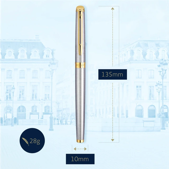 Alt view image 3 of 7 - Hemisphere Rollerball Pen, Stainless Steel with 23k Gold Trim, Fine Point with Black Ink Cartridge, Gift Box