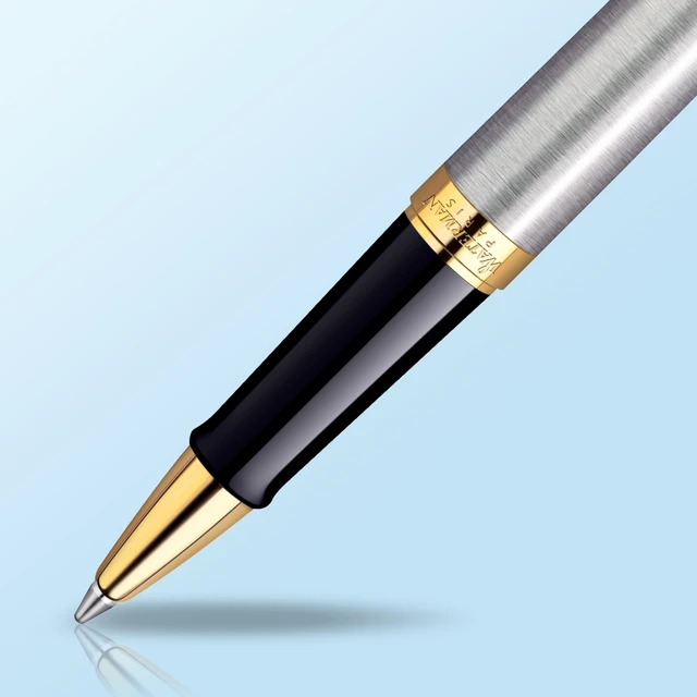 Alt view image 4 of 7 - Hemisphere Rollerball Pen, Stainless Steel with 23k Gold Trim, Fine Point with Black Ink Cartridge, Gift Box