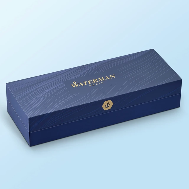 Alt view image 5 of 7 - Hemisphere Rollerball Pen, Stainless Steel with 23k Gold Trim, Fine Point with Black Ink Cartridge, Gift Box