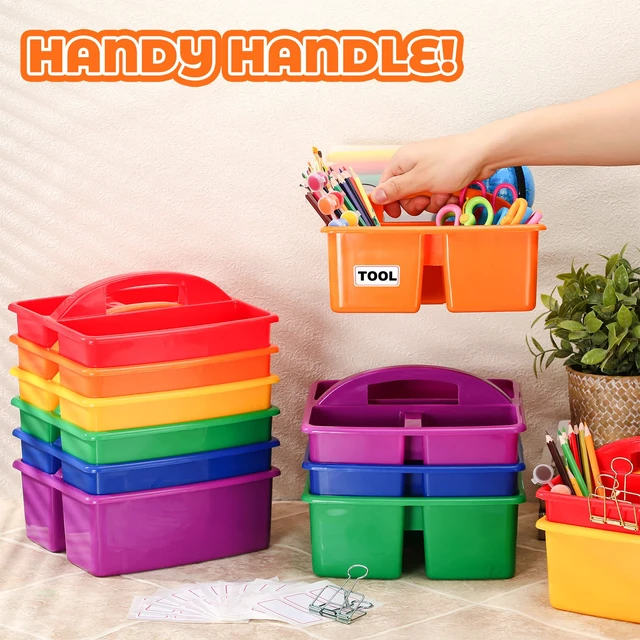 Alt view image 6 of 7 - 12 Pcs Classroom Storage Caddies Stackable Utility Caddies with 3 Compartment Portable Plastic Caddy with Handle Classroom Storage Bins Organizers for Kids Schools Art Craft Supplies