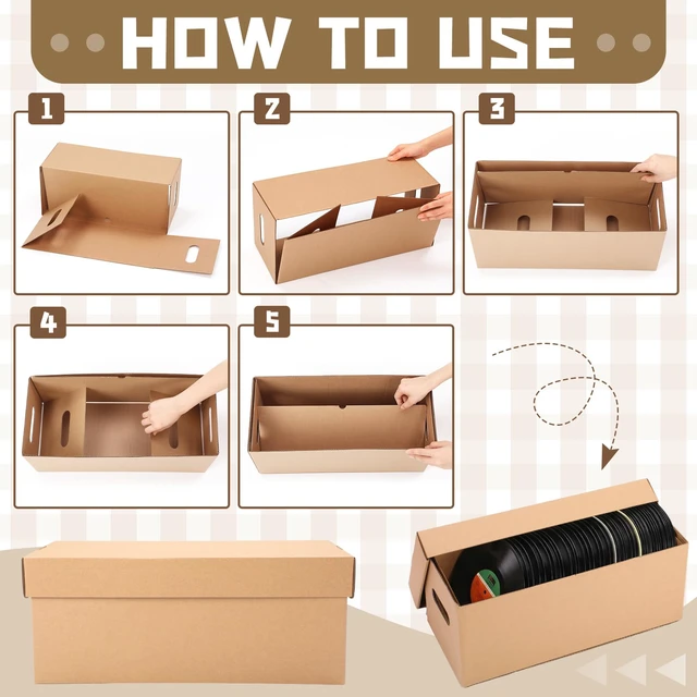 Alt view image 3 of 6 - 10 Set 7 Inch Vinyl Record Storage Box with Lid and Handle Holds 60 Records Each, Corrugated Cardboard with Removable Lid for Dust Protection, Handles for Easy Moving Vinyl Albums