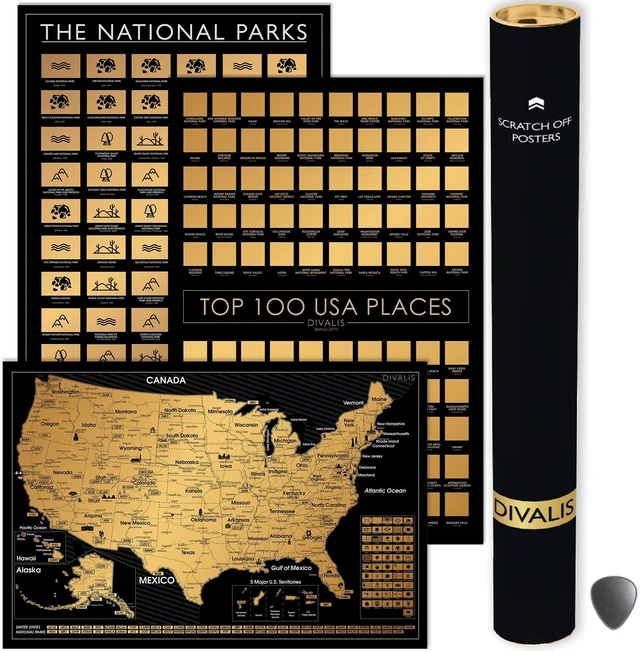 Main image of 3 in 1 Large Gift Set - Scratch off 63 National Parks Poster, Scratch off USA Map, Scratchable Destinations of the United States Poster - Travel Tracker to Mark Your Travels - Bundle of Three