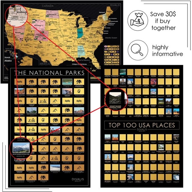 Alt view image 7 of 7 - 3 in 1 Large Gift Set - Scratch off 63 National Parks Poster, Scratch off USA Map, Scratchable Destinations of the United States Poster - Travel Tracker to Mark Your Travels - Bundle of Three