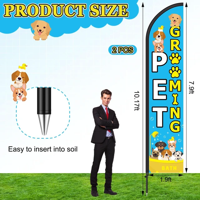 Alt view image 2 of 6 - 2 Set Pet Grooming Feather Flag Pole Kit with Pole Stake and Bag Dog Grooming Business Ad Banner, 7.9 ft Flag 11.5 ft Pole Height, Stake and Carry Bag for Outdoor Pet Store Events