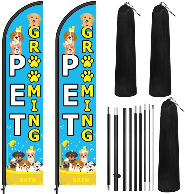 Main image of 2 Set Pet Grooming Feather Flag Pole Kit with Pole Stake and Bag Dog Grooming Business Ad Banner, 7.9 ft Flag 11.5 ft Pole Height, Stake and Carry Bag for Outdoor Pet Store Events