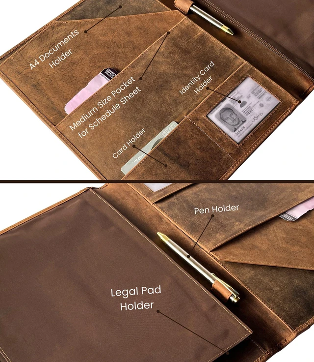 Alt view image 3 of 6 - Leather Business Portfolio by A4 Conference Folder Gift for Men & Women Handmade Durable Leather Padfolio 3 + 1 Sleeves for Documents and Notepad