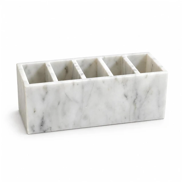 Main image of Natural White Marble 5-Compartment Desk Organizer for Pens & Brushes White Marble Pen Holder 5 Compartments, Natural Stone Multi-Slot Desktop Organizer for Pens, Pencils, Scissors, Markers
