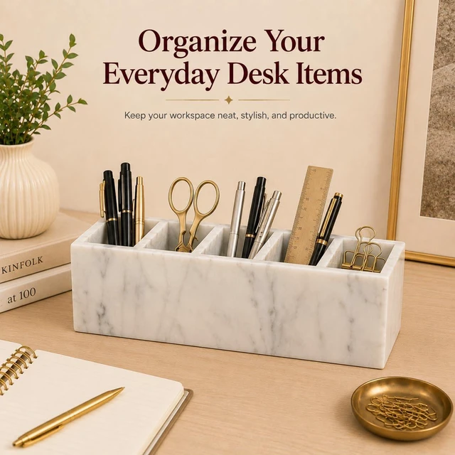 Alt view image 5 of 7 - Natural White Marble 5-Compartment Desk Organizer for Pens & Brushes White Marble Pen Holder 5 Compartments, Natural Stone Multi-Slot Desktop Organizer for Pens, Pencils, Scissors, Markers