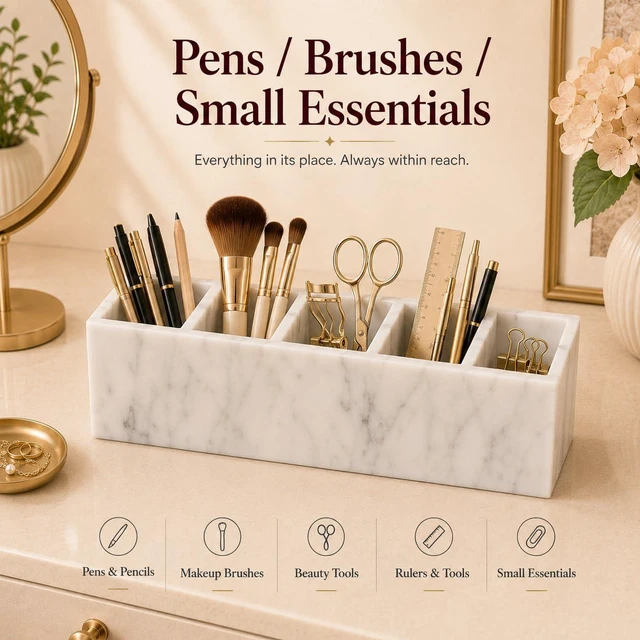 Alt view image 6 of 7 - Natural White Marble 5-Compartment Desk Organizer for Pens & Brushes White Marble Pen Holder 5 Compartments, Natural Stone Multi-Slot Desktop Organizer for Pens, Pencils, Scissors, Markers