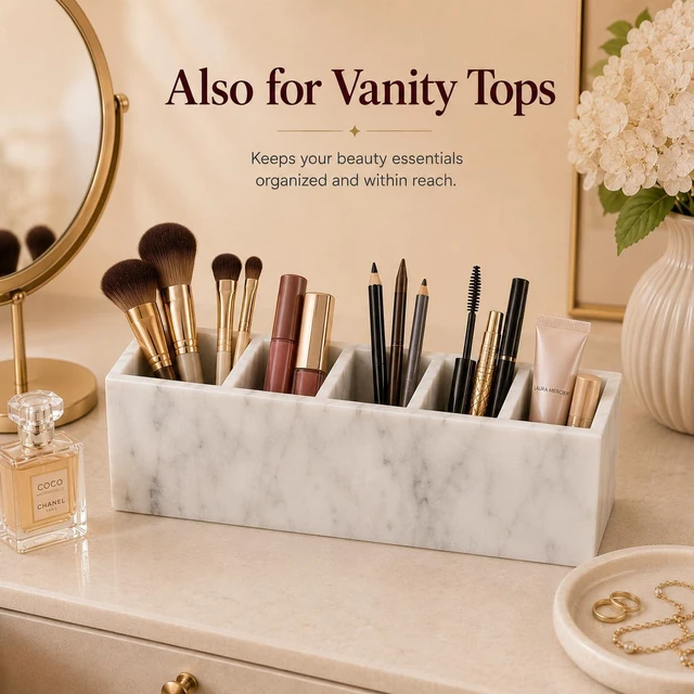 Alt view image 7 of 7 - Natural White Marble 5-Compartment Desk Organizer for Pens & Brushes White Marble Pen Holder 5 Compartments, Natural Stone Multi-Slot Desktop Organizer for Pens, Pencils, Scissors, Markers